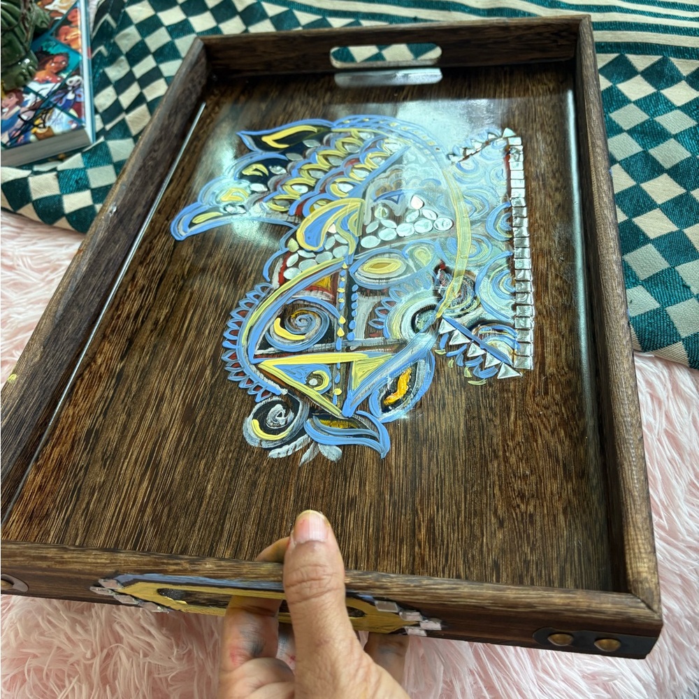 Handcrafted Wooden Tray with Artistic Design